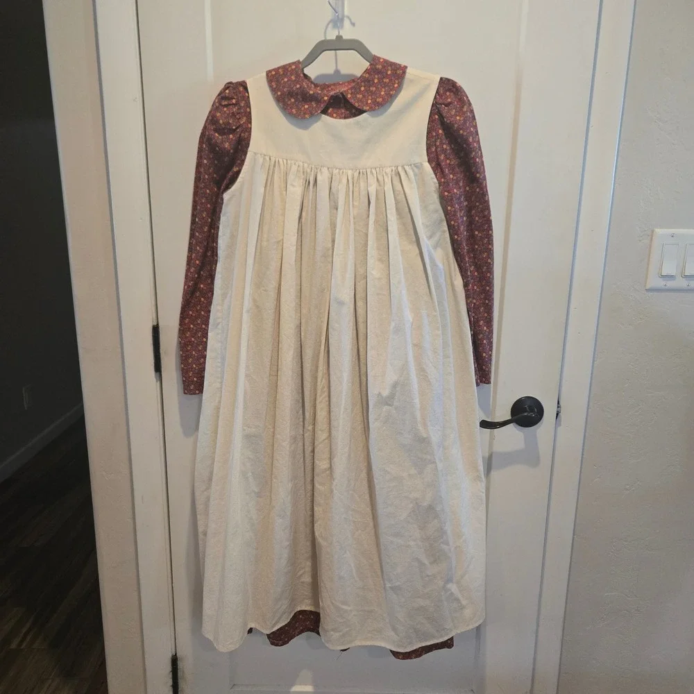 Girls Prairie Dress Pinafore Set 12 Floral Pioneer Handmade Burgundy Cream